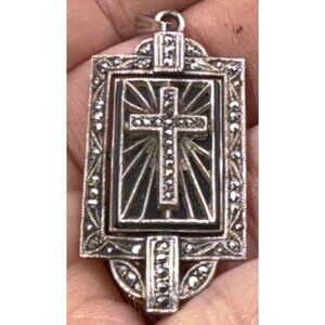 Art Deco Sterling Silver Marcasite Reversible Pendant Cross Floral Signed